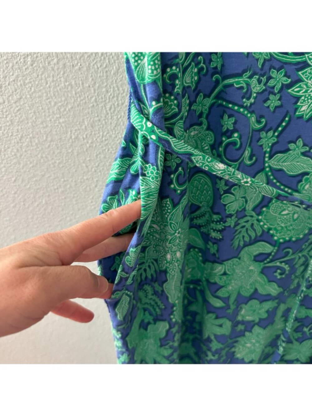 J. Jill Short Sleeve Belted Maxi Dress Blue Green Womens MEDIUM Pockets Cotton - Picture 6 of 7